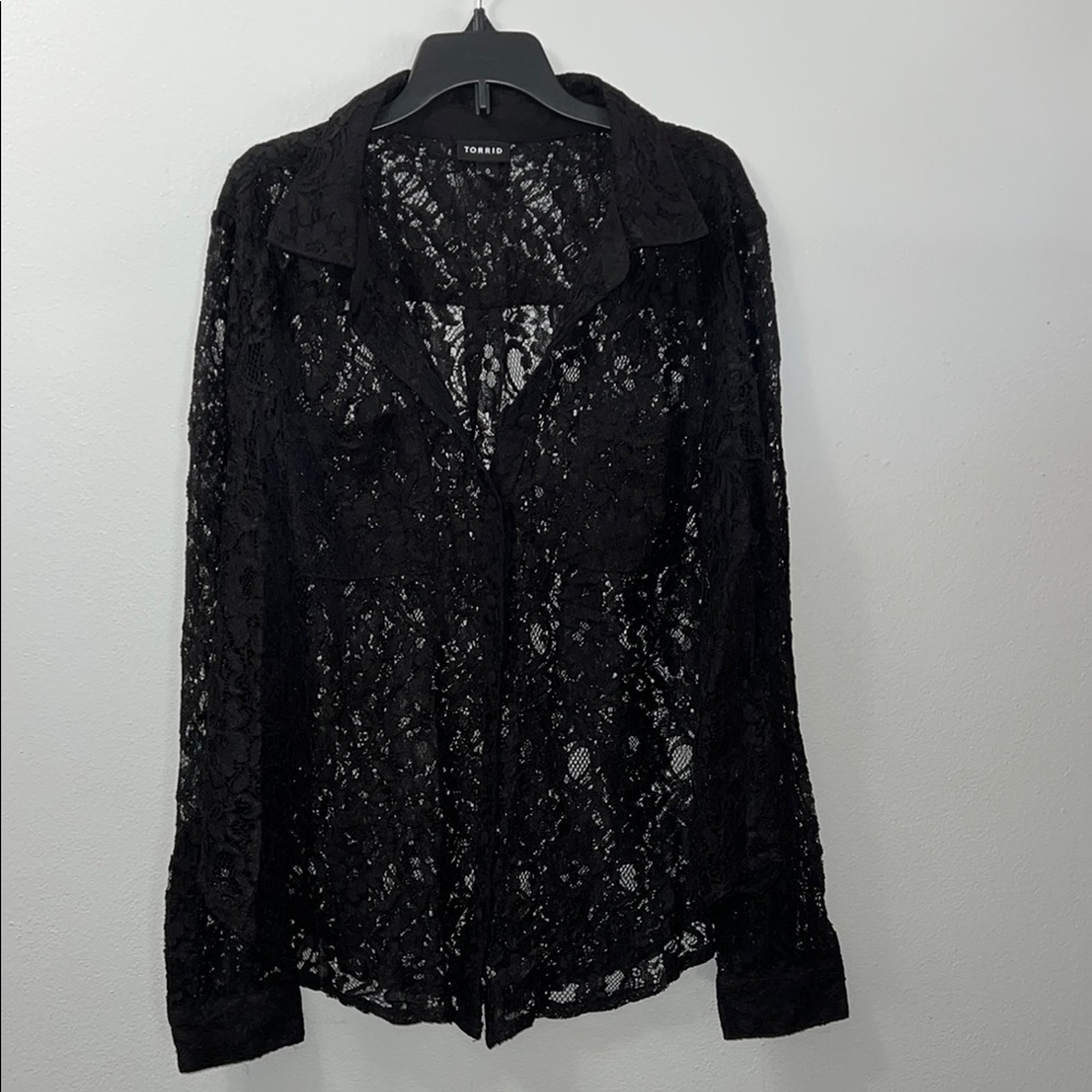 Torrid Black Long Sleeve Notched Collar Lace Blouse